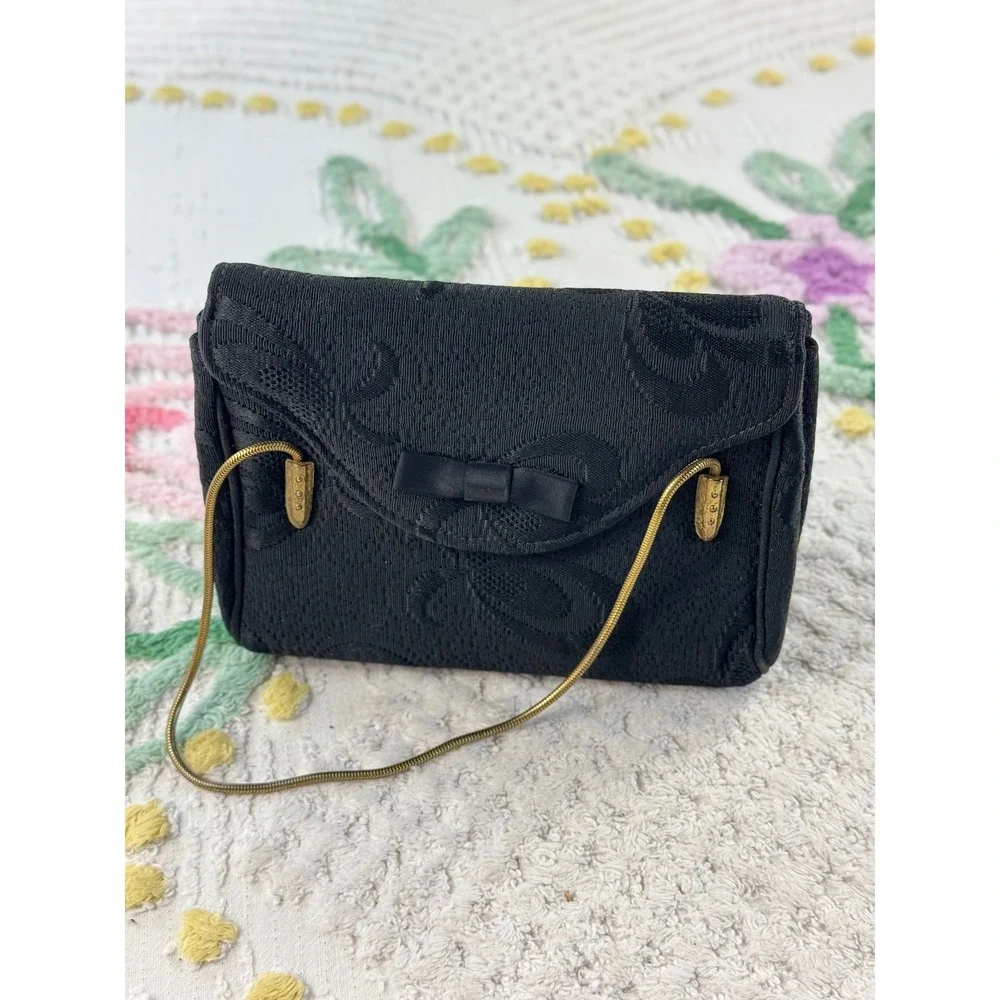 Vintage Garay Black Jacquard Evening Bag Gold Snake Chain Strap Bow  Clutch